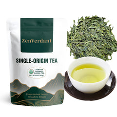 ZenVerdant front pouch packaging showing organic sencha and benefits