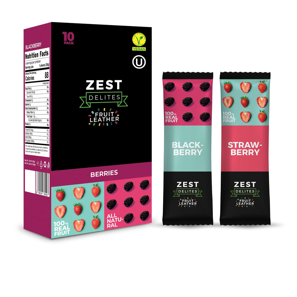 ZEST Delites front packaging showing 10-pack and strawberry blackberry flavor benefit portability