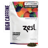 Zest pouch front view showing Superberry Samba label and vibrant fruit benefits