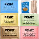 Zeust front packaging showing variety and count, tidy coffee bar benefit