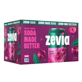 Zevia front packaging shows pack of six cans and bold cherry flavor for easy selection