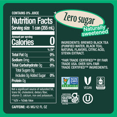 Zevia brand close-up of can label detailing peach flavor and zero sugar benefits