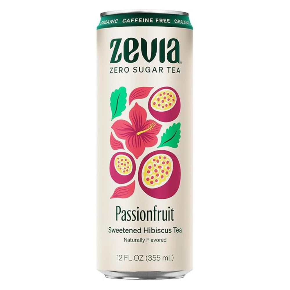 Zevia front can showing hibiscus passionfruit label and zero sugar benefit