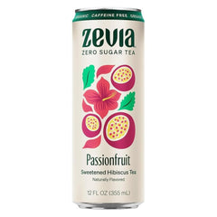 Zevia front can showing hibiscus passionfruit label and zero sugar benefit