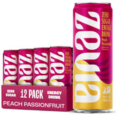 Zevia front packaging showing 12-pack and tropical peach passionfruit flavor benefit refreshment
