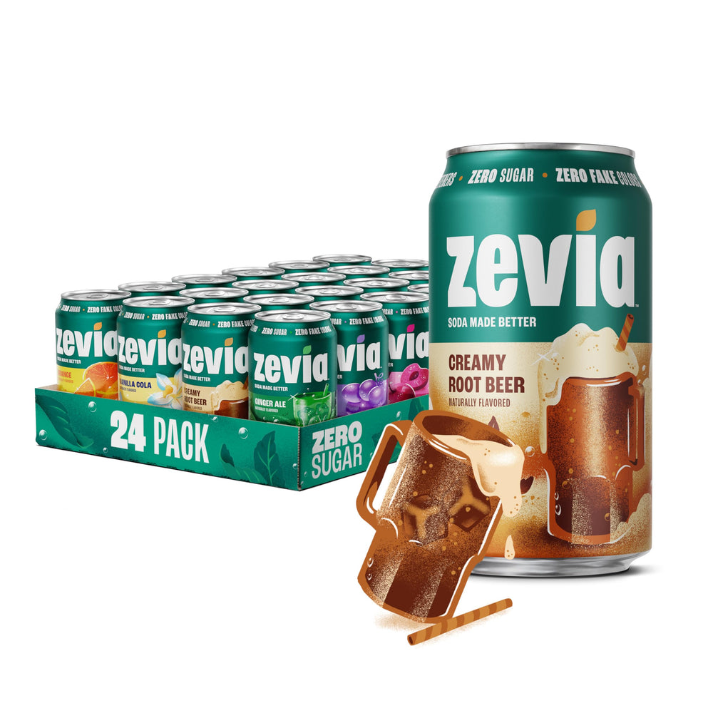 Zevia rainbow pack front view showing all six flavors and benefits
