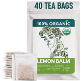Zhivana Organics front packaging showing lemon balm tea and organic seal promoting calm