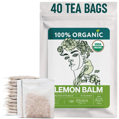 Zhivana Organics front packaging showing lemon balm tea and organic seal promoting calm