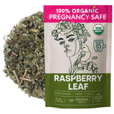 Zhivana Organics front pouch showing 6oz organic raspberry leaf tea, clear product view and benefits