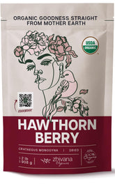 Zhivana Organics front packaging showing 32oz organic hawthorn benefits