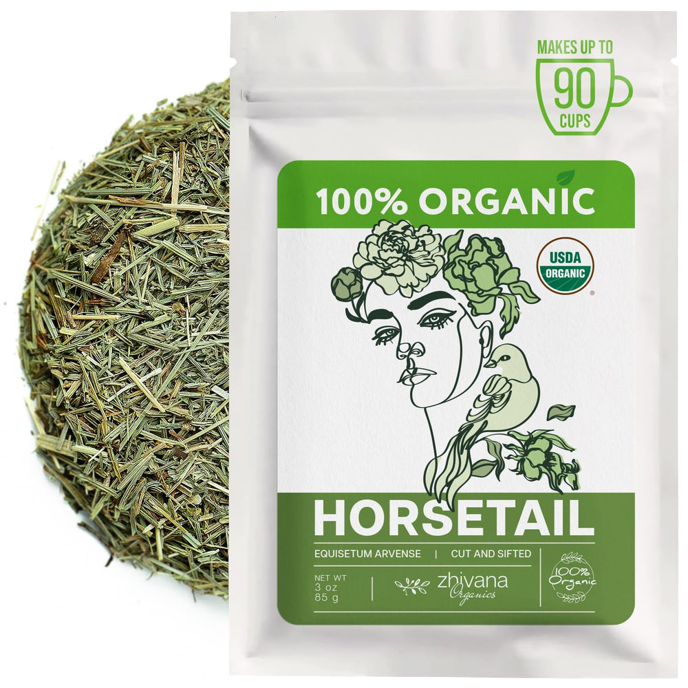 Zhivana Organics front packaging showing 3 oz horsetail and purity benefit