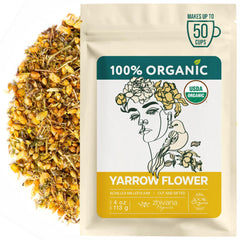 Zhivana Organics front packaging showing 4oz yarrow tea and organic badge benefit