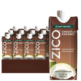 Zico front packaging showing chocolate coconut water bottle and branding, highlights dairy-free benefit