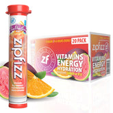 Zipfizz front packaging showing Passion Orange Guava flavor and benefits