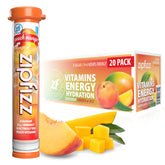 Zipfizz Peach Mango front packaging showing 20 tubes and product benefit