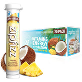 Zipfizz Pina Colada front packaging showing 20-count tubes and branding benefits
