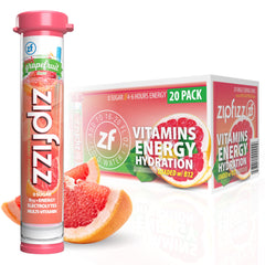 Zipfizz front packaging showing pink grapefruit flavor and benefits
