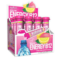 Zipfizz front pack view showing pink lemonade tubes and branding for quick energy