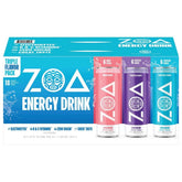 ZOA front pack of three flavor cans showing variety and portability