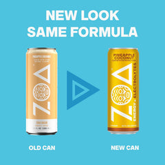 ZOA Pineapple Coconut side label highlighting vitamins and zero sugar benefits