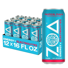 ZOA Tropical Punch front packaging showing 12-pack and refreshing look