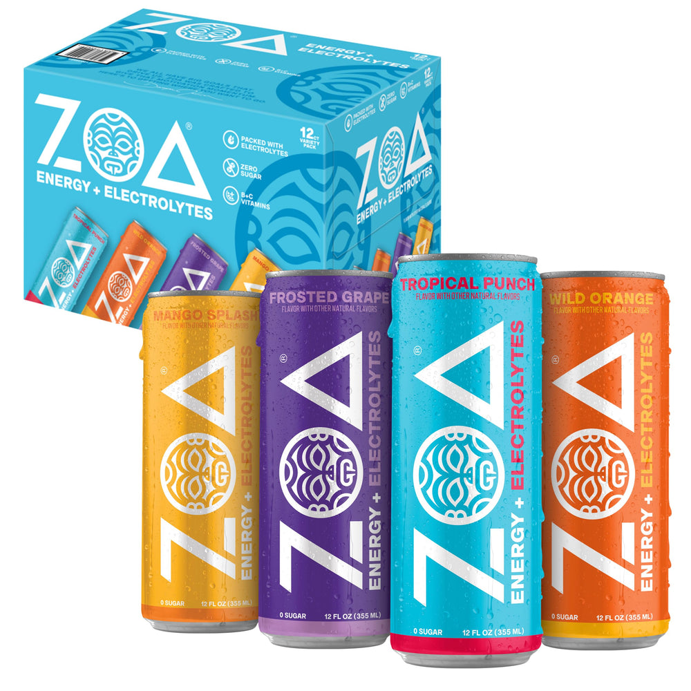 ZOA variety pack front view showing four flavors and 12-pack convenience