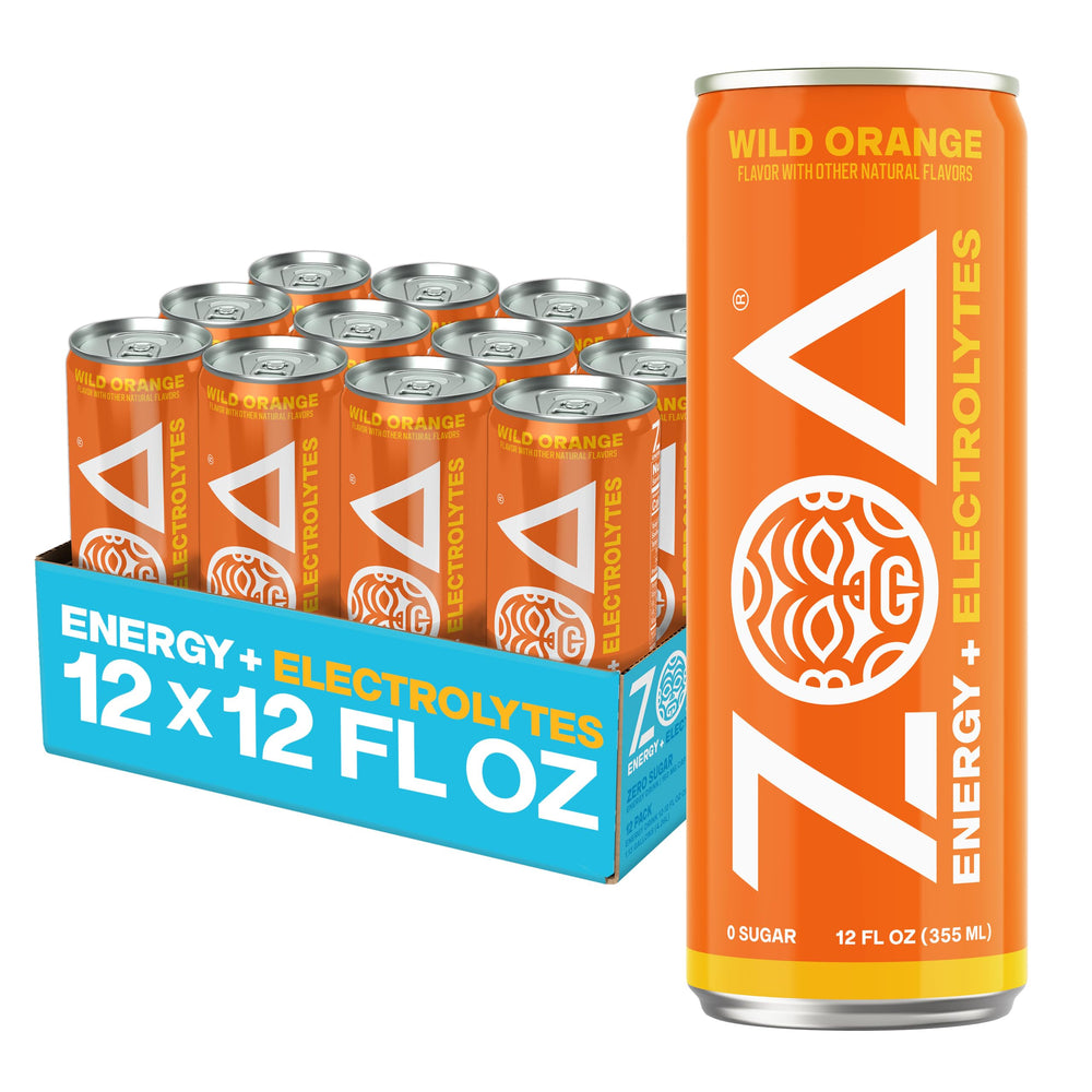 ZOA Wild Orange front packaging showing 12-pack and vibrant cans for convenient stock-up