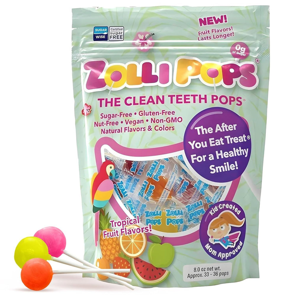 Zollipops front bag view showing tropical fruit flavor and benefits