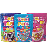 Zollipops front packaging showing variety pack and clear labeling, supports healthier treats