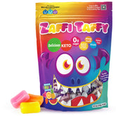 Zollipops Zaffi Taffy front bag shows fruity sugar-free benefits