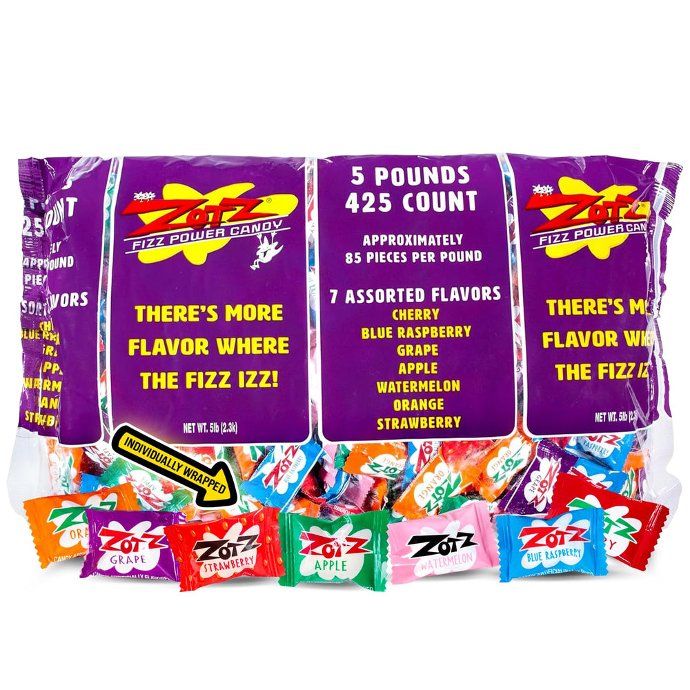ZOTZ front of bag showing 5 pound bulk packaging and assorted flavors for easy serving
