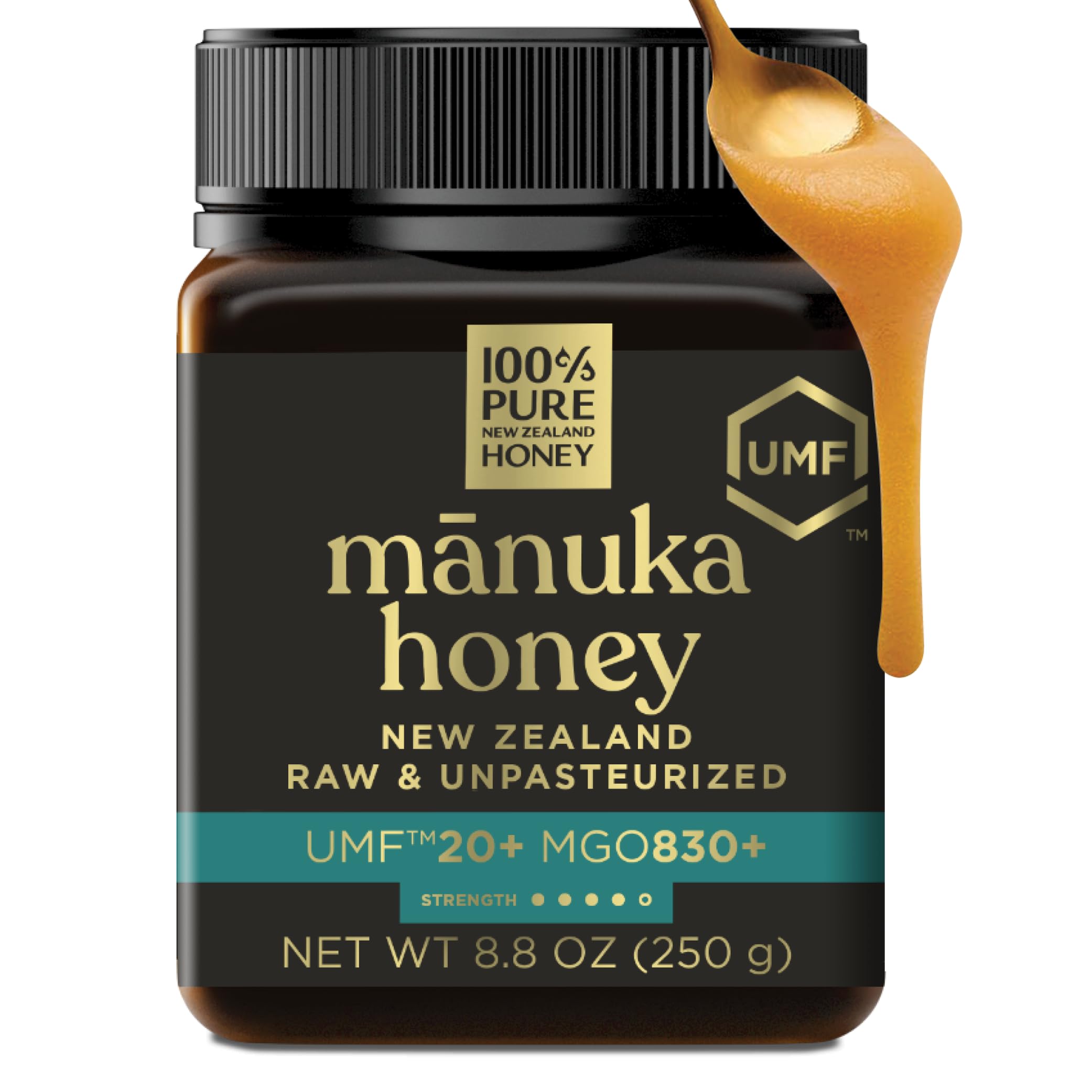 100% Pure New Zealand honey front jar showing UMF 20+ and premium packaging benefit