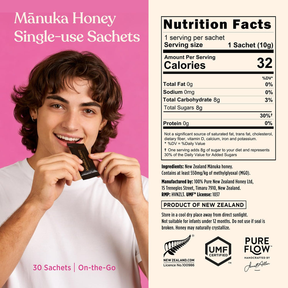 100% Pure New Zealand Honey open sachet close-up displaying smooth texture