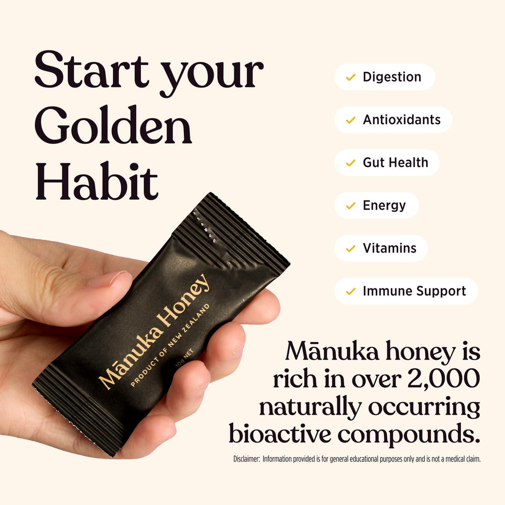 100% Pure New Zealand Honey sachets packed in a travel bag for on-the-go use