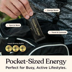 100% Pure New Zealand Honey sachet held in hand for size and convenience
