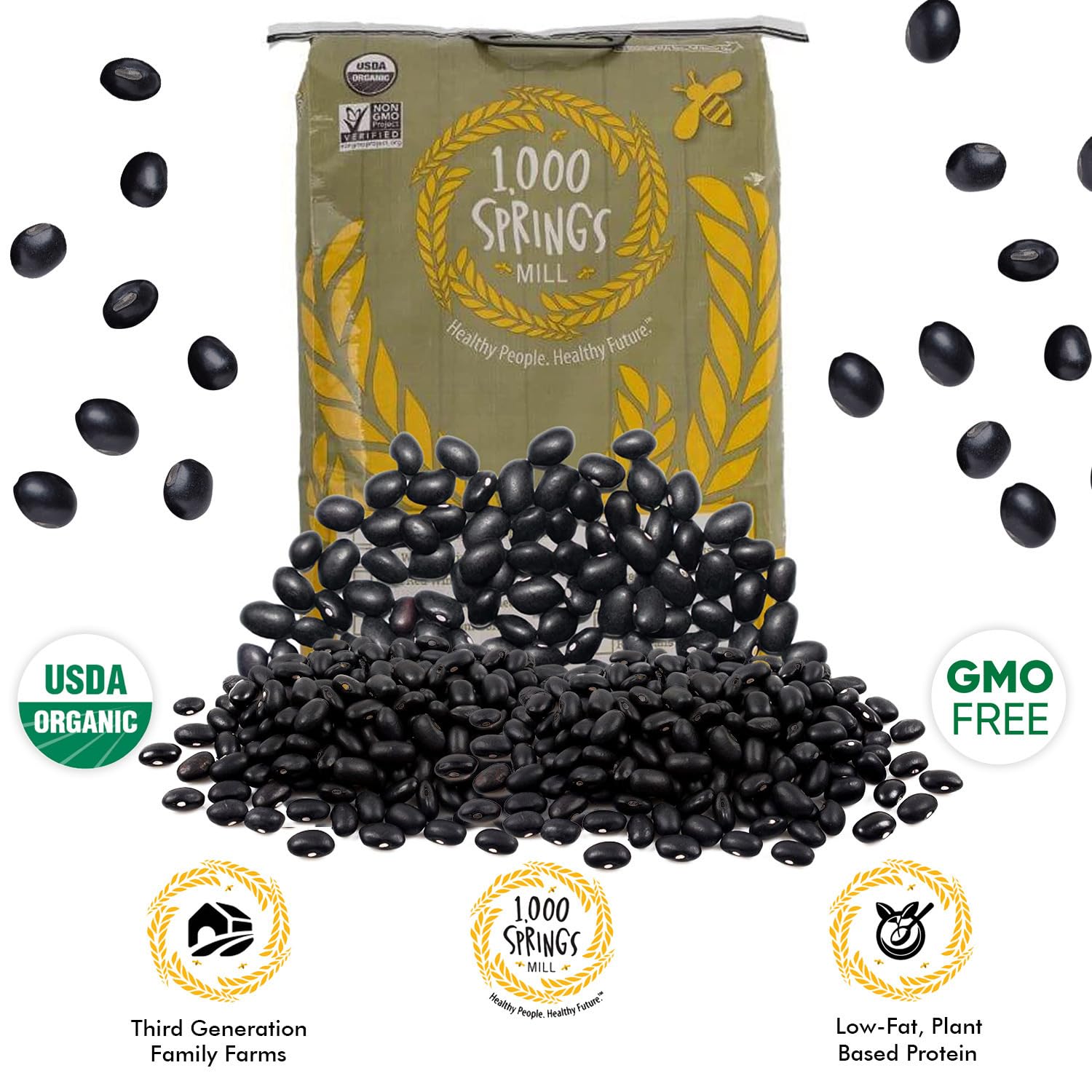1000 Springs Mill close-up of black bean texture, highlights uniform size and cooking quality