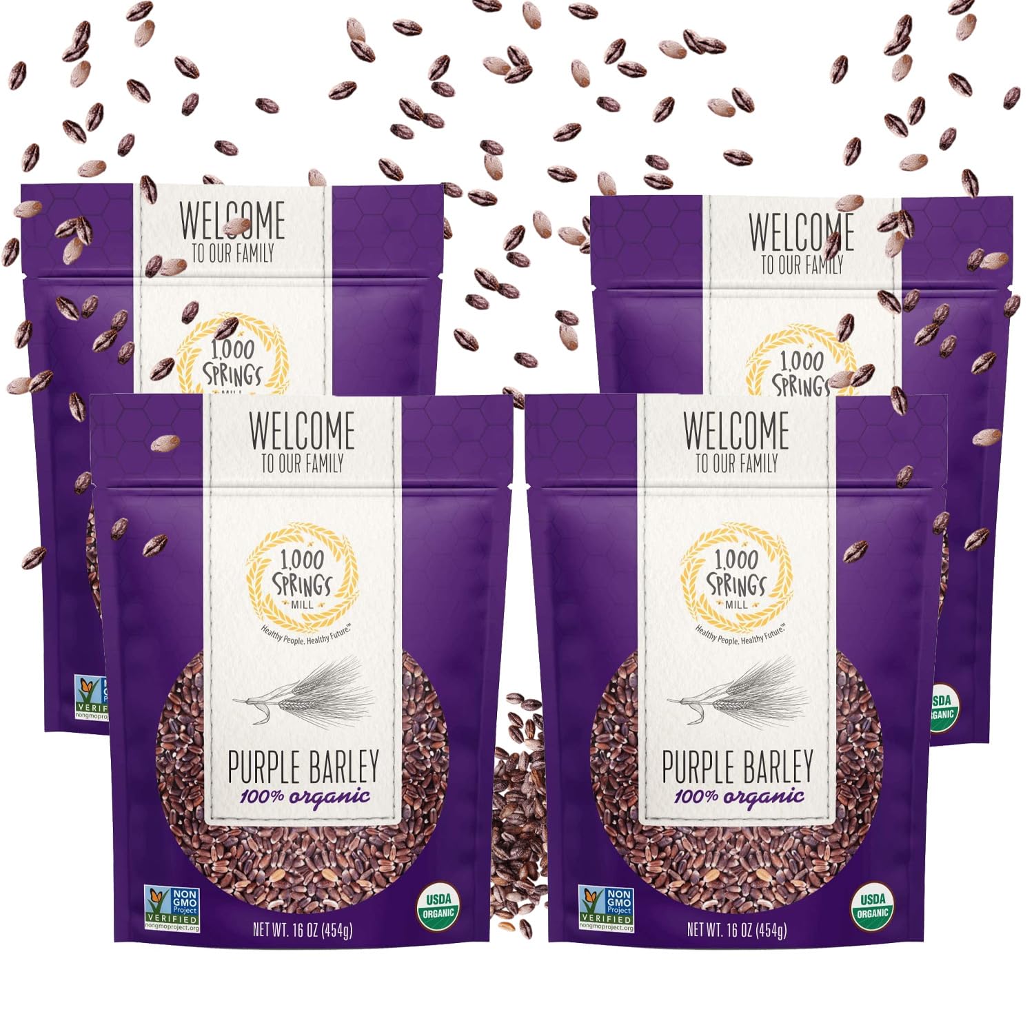 1000 Springs Mill front packaging shows resealable bag and organic purple barley benefit freshness