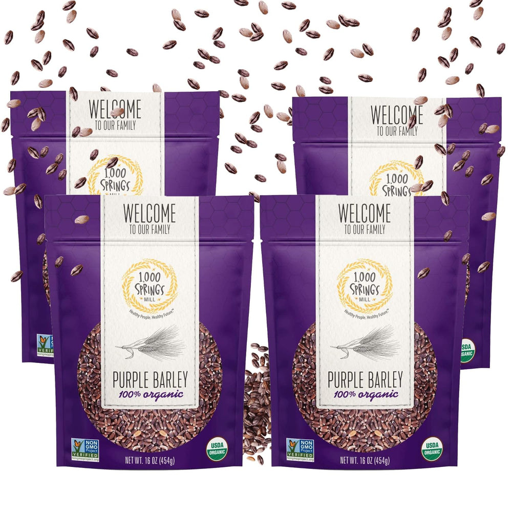 1000 Springs Mill front packaging shows resealable bag and organic purple barley benefit freshness