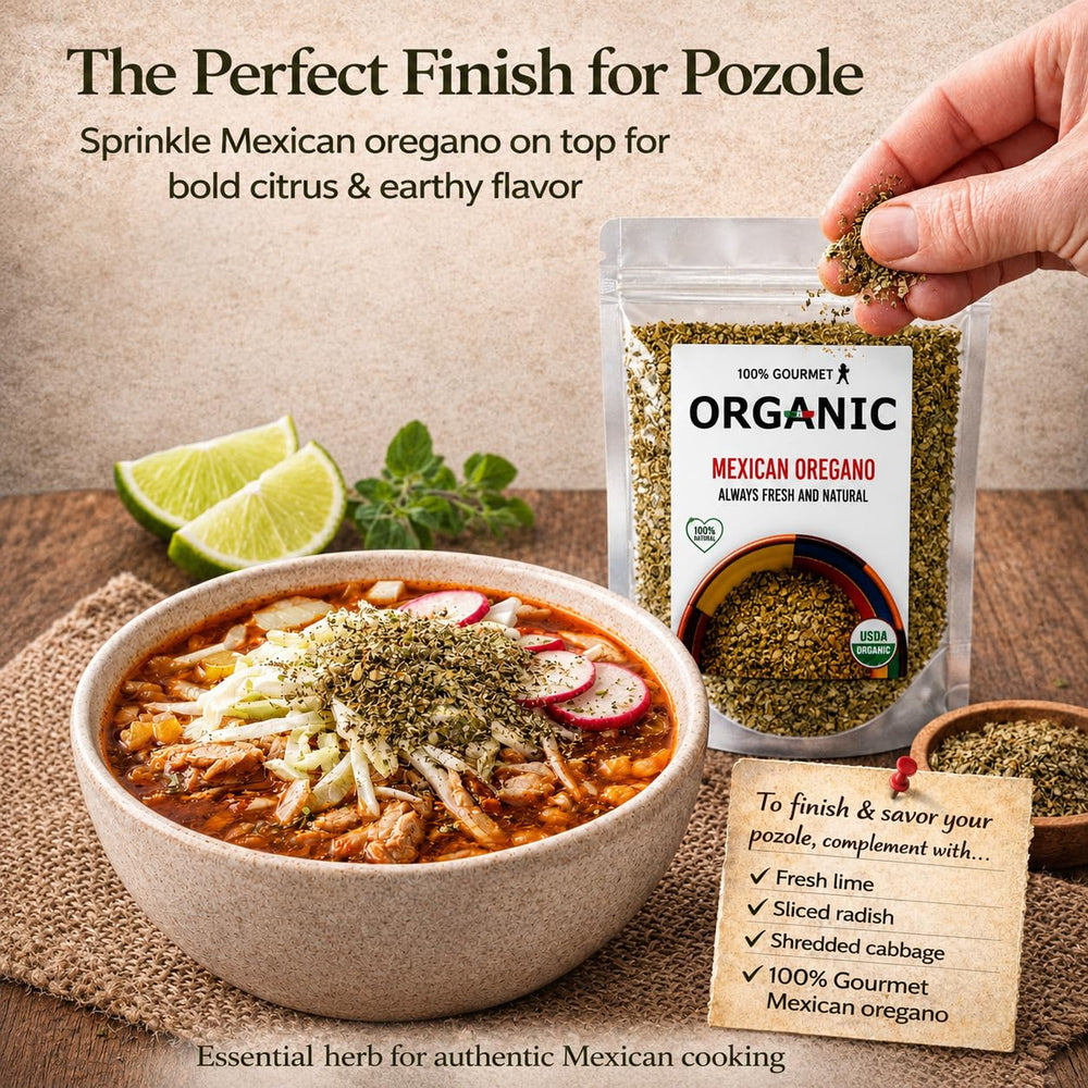 100% Gourmet oregano steeping in soup pot releases aroma and depth of flavor benefit
