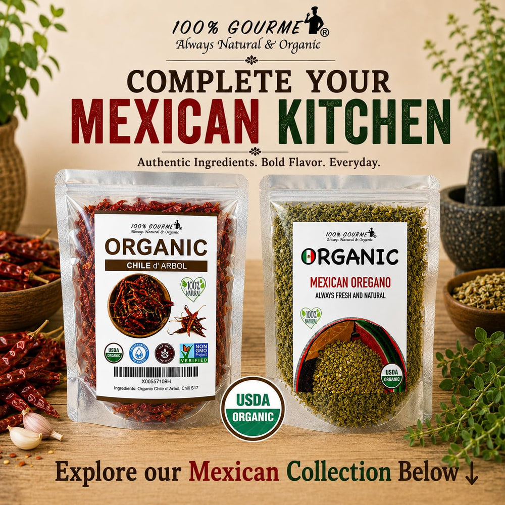 100% Gourmet oregano with other spices flatlay inspires versatile seasoning blends benefit