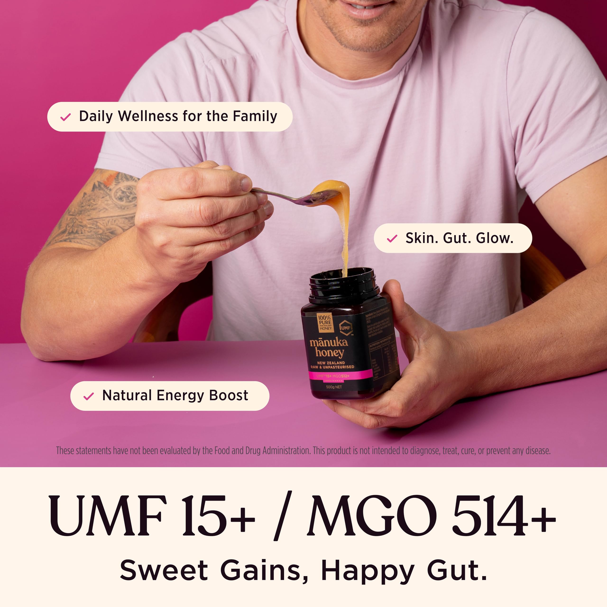 100% Pure New Zealand Honey close-up label highlighting UMF 15+ and MGO 512+ authenticity