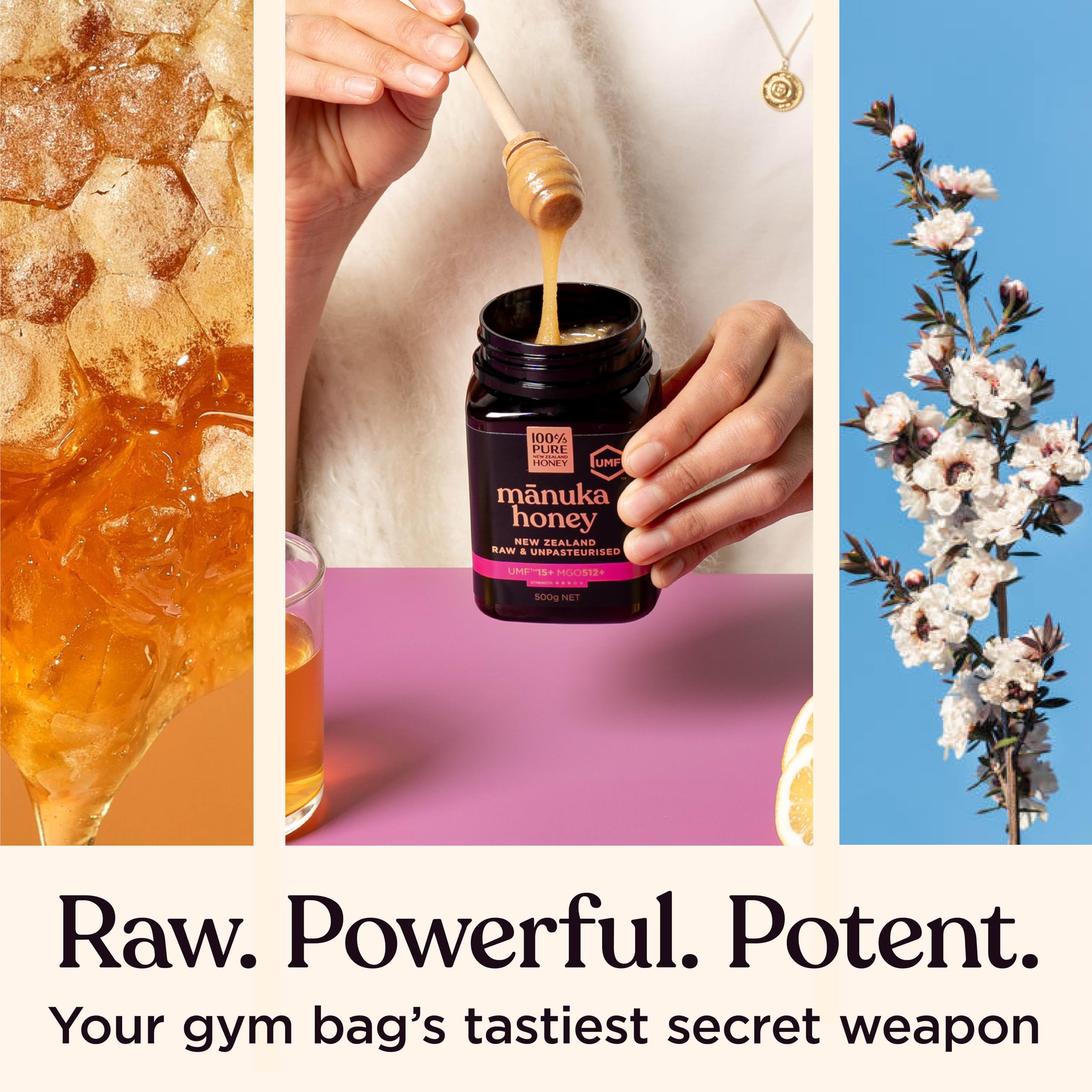 100% Pure New Zealand Honey spoonful served to show smooth texture and convenient dosing