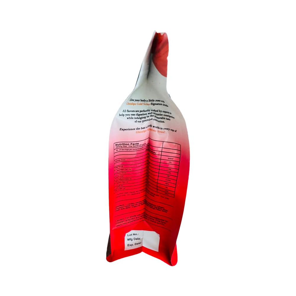 12-in-1 Glutalipo sachet beside a ruler for scale, single-serve practicality