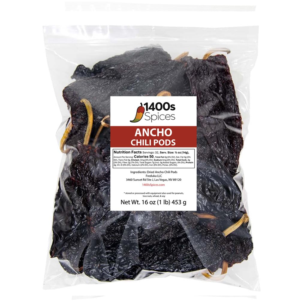 1400S SPICES front packaging of 1 lb ancho chilies showing whole peppers and label, clear pantry storage benefit