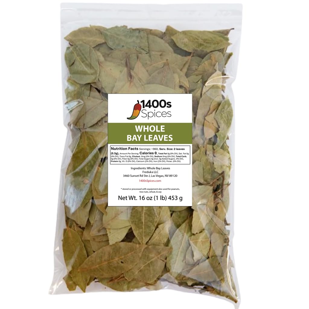 1400S SPICES front pack of 1lb bay leaves showing product benefit of bulk supply