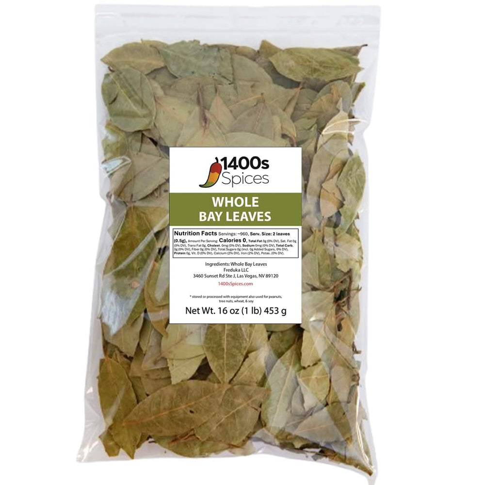 1400S SPICES front pack of 1lb bay leaves showing product benefit of bulk supply