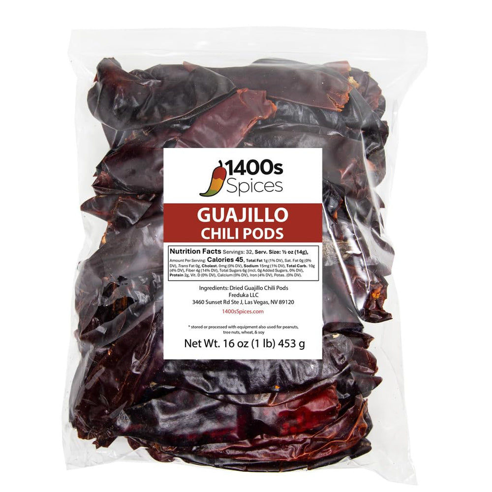 1400S SPICES front packaging showing 1lb bag of guajillo chiles and clear labeling, convenient pantry use