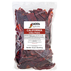 1400S SPICES front packaging showing 1lb whole California chiles and clear branding, pantry-ready benefit