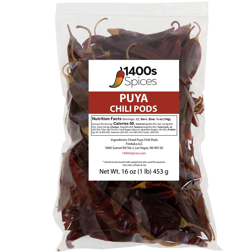 1400S SPICES front view of whole Puya chile pods showing bulk packaging and ingredient clarity