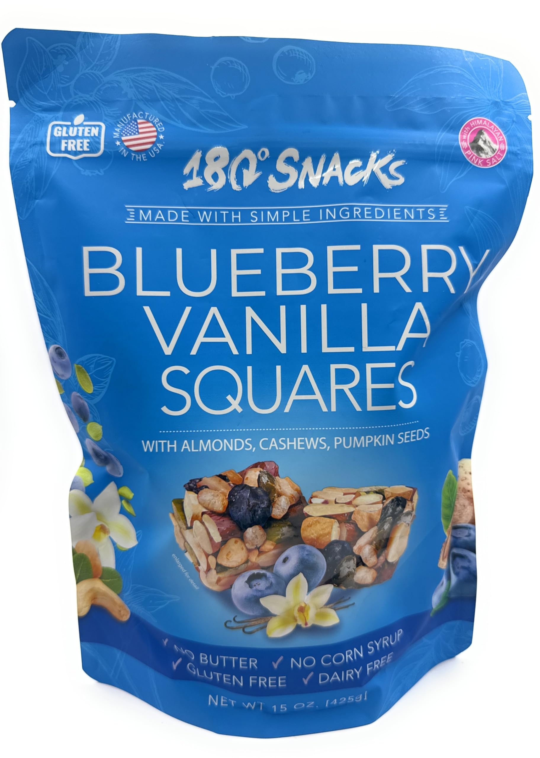 180 Snacks front packaging showing blueberry vanilla squares and benefits